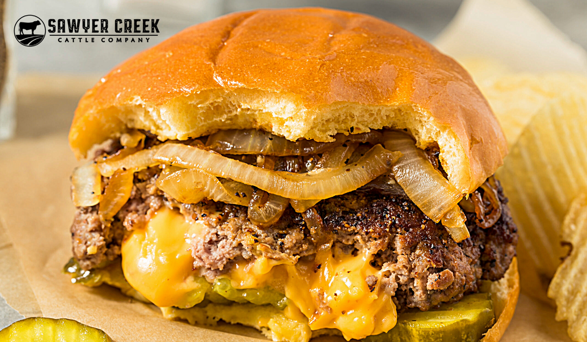 Grilled Cheddar-Stuffed Burgers with Wild Rice & Caramelized Onions