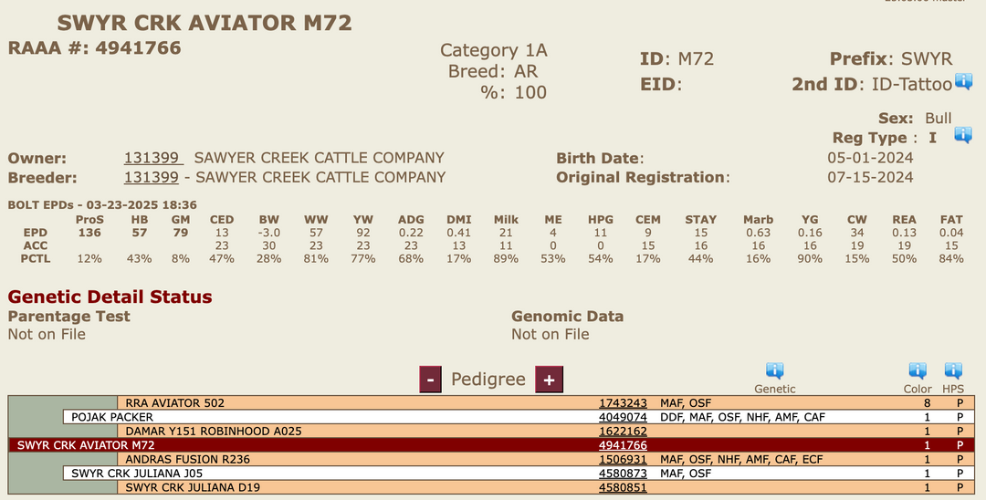 Registered Red Bull: M72 (Top Genetics) $4500
